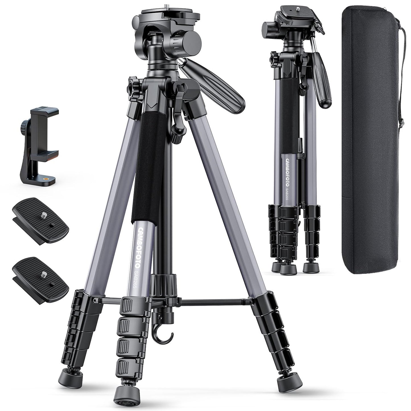 CAMBOFOTO 74"-Camera-Tripod, Professional Aluminum Tripod/Leg Stand Mirrorless Camera/DSLR/Cell Phone/Camcorder/GoPro, with Phone Holder and Travel Bag (Gunmetal Gray) Weight 2.8 lbs Load 8.8 lbs