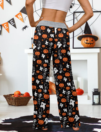 ALISISTER Halloween Pajama Pants for Women Wide Leg Pumpkin Print Comfy Sleepwear Skull Ghost Lounge Drawstring Sleep Bottoms Size S Orange