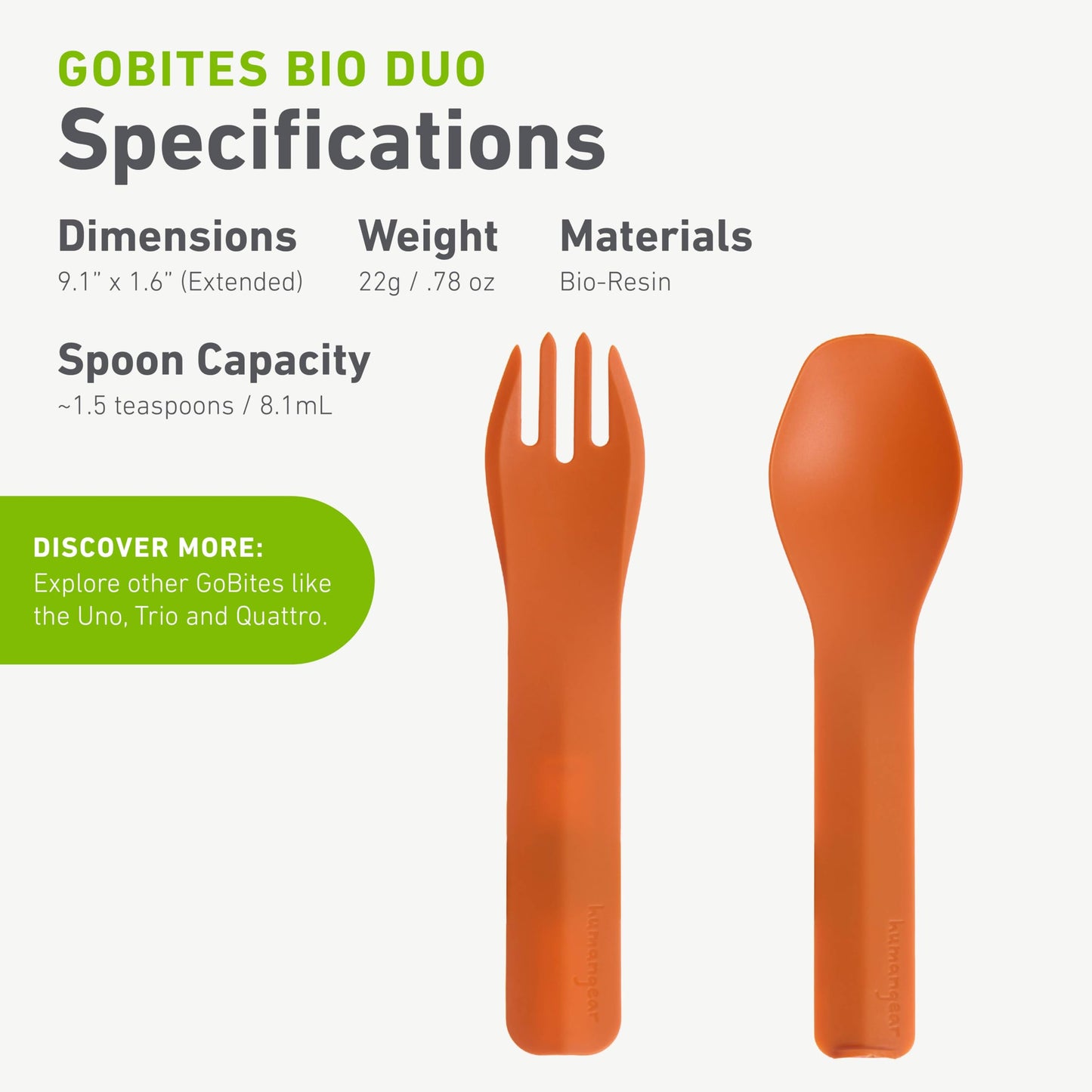 humangear GoBites Bio Duo - Travel Silverware, Full Size Portable Fork & Spoon, Reusable Utensil Set, PC and BPA-free, Food-Safe Bio-Resin, Extended - 9.1” X 1.6”, Orange