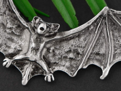 Alilang Frightening Halloween Enamel Paint Flying Bat Metal Chain Pendant Necklace, Antique Silver