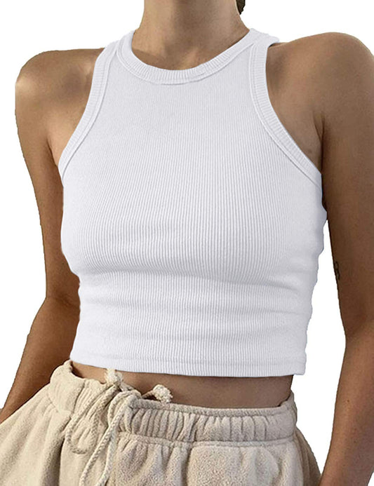 Artfish Women Casual Basic Sleeveless High Neck Rib-Knit Front Racerback Crop Tank Top 01#White,S