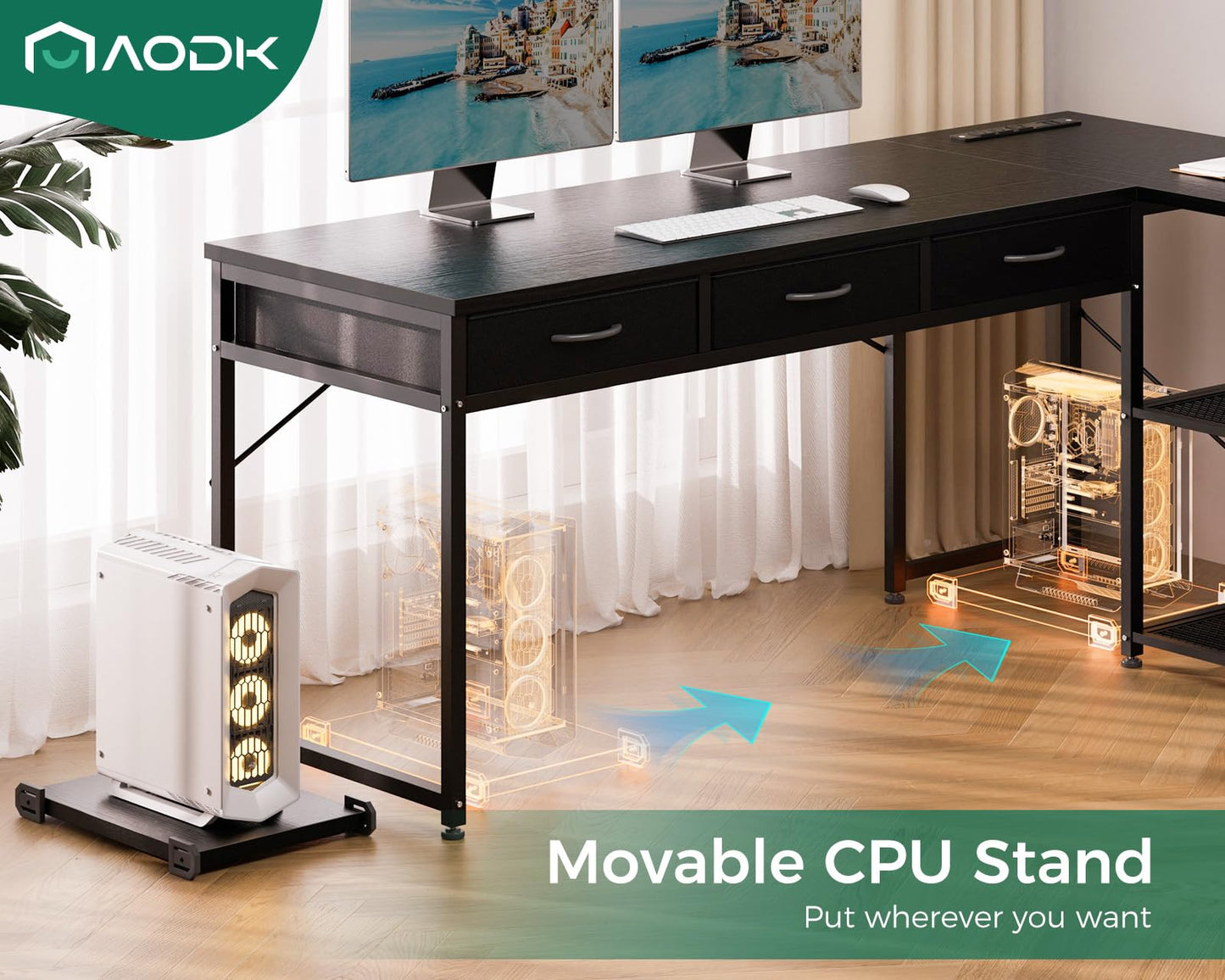 AODK 53 Inch L Shaped Computer Desk with Drawers, Corner Desk with Power Outlets & Reversible Storage Shelves, Movable CPU Stand for Home Office Gaming, Black