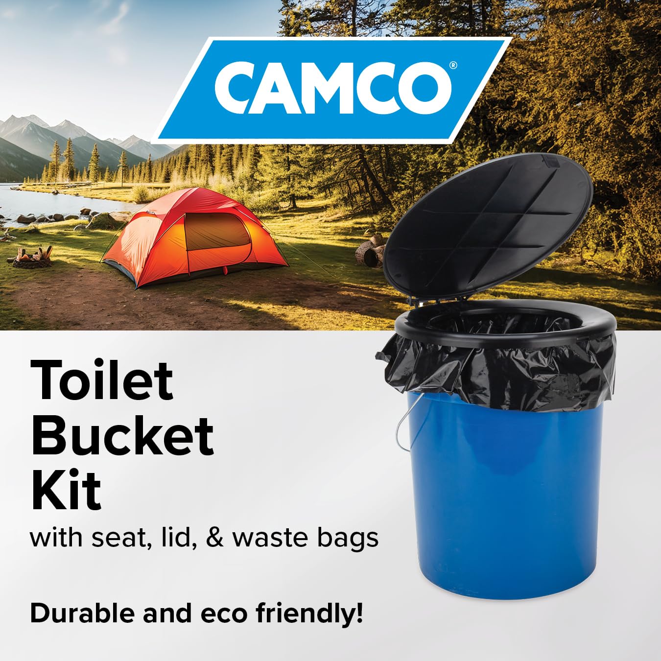 Camco Portable Toilet Bucket - Features 3 Bag Liners for Easy Clean Up & Attached Carry Handle - Includes Seat and Lid Attachment (41549)