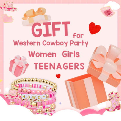 Artlunar Western Cowgirl Beaded Stretch Bracelets, Stackable cowgirl hat boot accessories, Bohemian Jewelry for Women Girls Teens Christmas Birthday Gift Pink