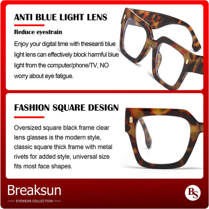 Breaksun Fashion Oversized Blue Light Blocking Glasses for Women Men Trendy Big Square Frame Computer Eyeglasses (Black+Tortoise)