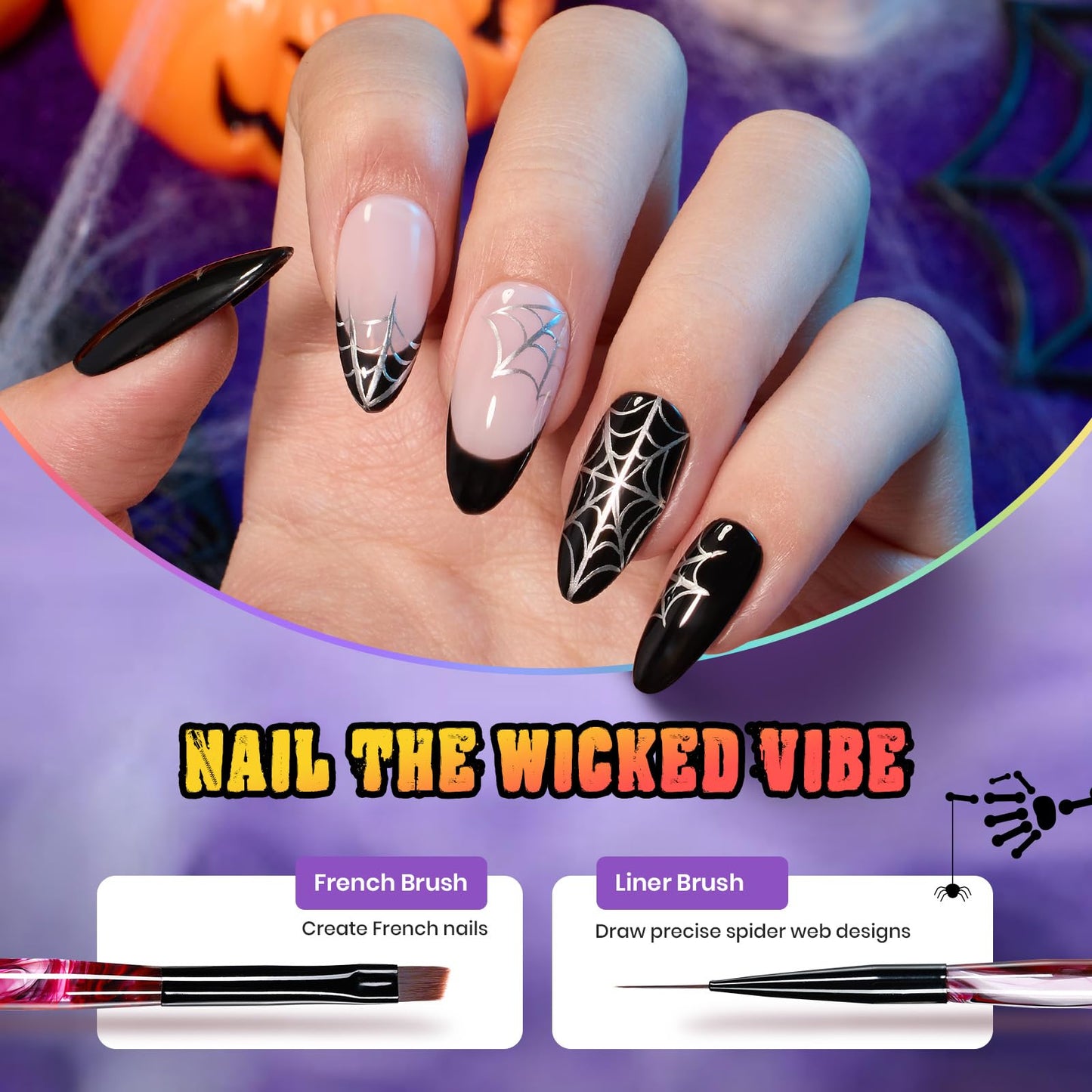 Beetles Halloween Nail Art Brushes, Blood Entwined Nail Art Pens 6pcs with Pumpkin Palette Holder Halloween Charms Manicure Design Dotting Tools Draw Liner Gradient French Brushes DIY Nails Supplies