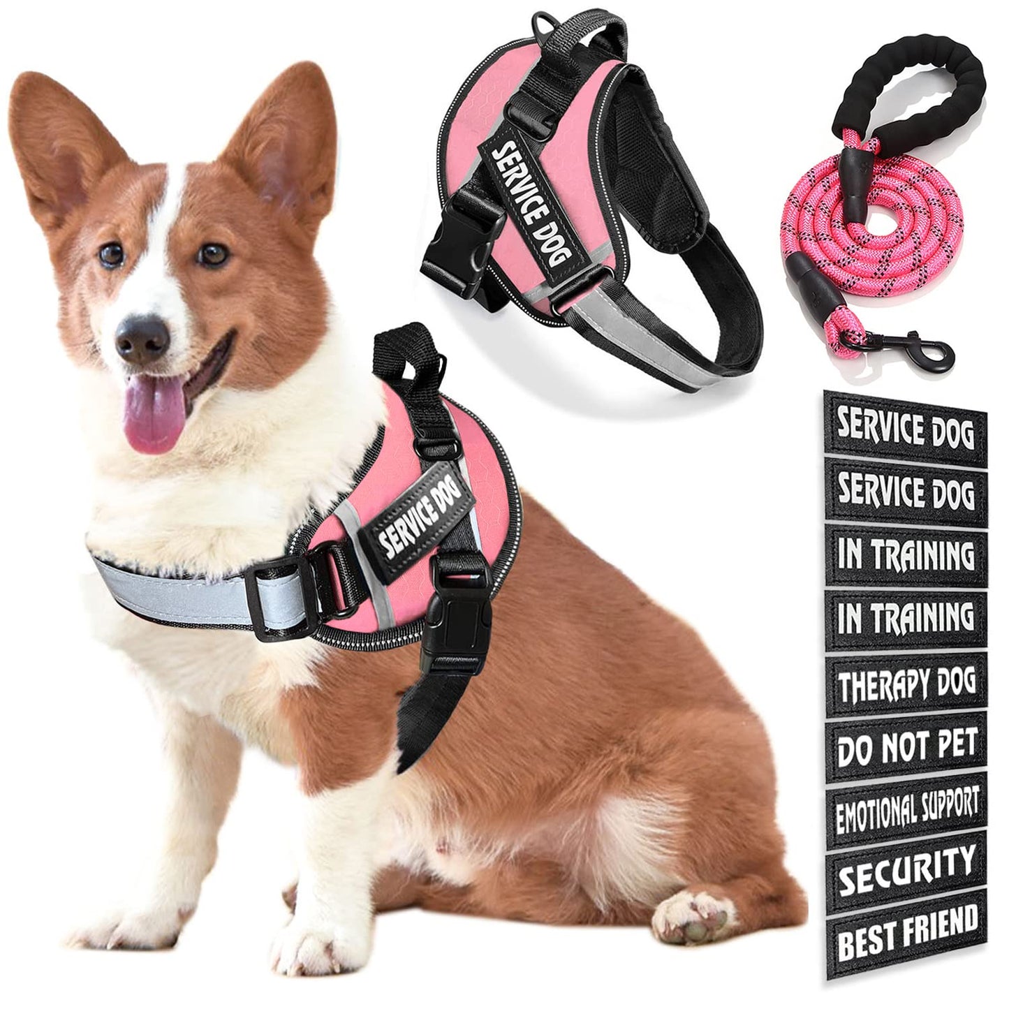 Bcadem Service Dog Vest, 9 Dog Patches No Pull Dog Harness and Leash Set with Handle,Easy On and Off Pet Vest Harness with Night Safe Reflective Straps for Small Medium Large Breed Dogs