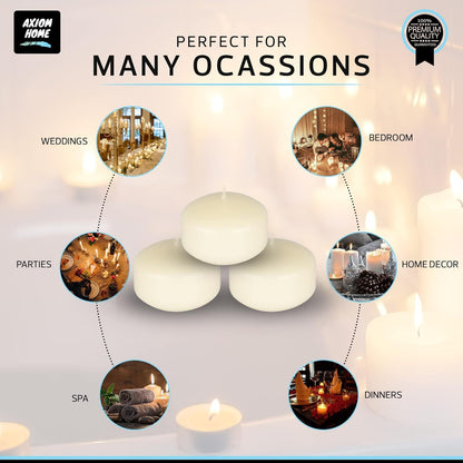 Axiom Floating Candles for Centerpieces - 2 inch Hand-Rolled Paraffin, Cotton Wicks, 4-Hour Clean Burn - Unscented, Dripless Water Candles for Wedding