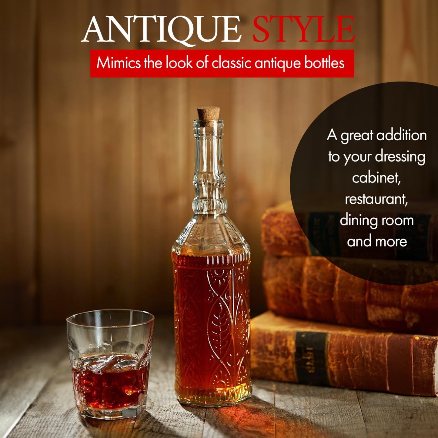 BULK PARADISE Large Clear Decorative Glass Bottle with Spout and Cork, 32oz, 1 Bottle - Design: VINO (3in X 11.9in)