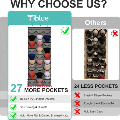 27 Pockets Hat Rack For Baseball Caps Hanging Hat Organizer Over The Door Hat Storage Organizer For Closet Wall With Large Clear Pockets & 3 Hooks Caps Hat Holder Hanger for Baseball & Sport Caps