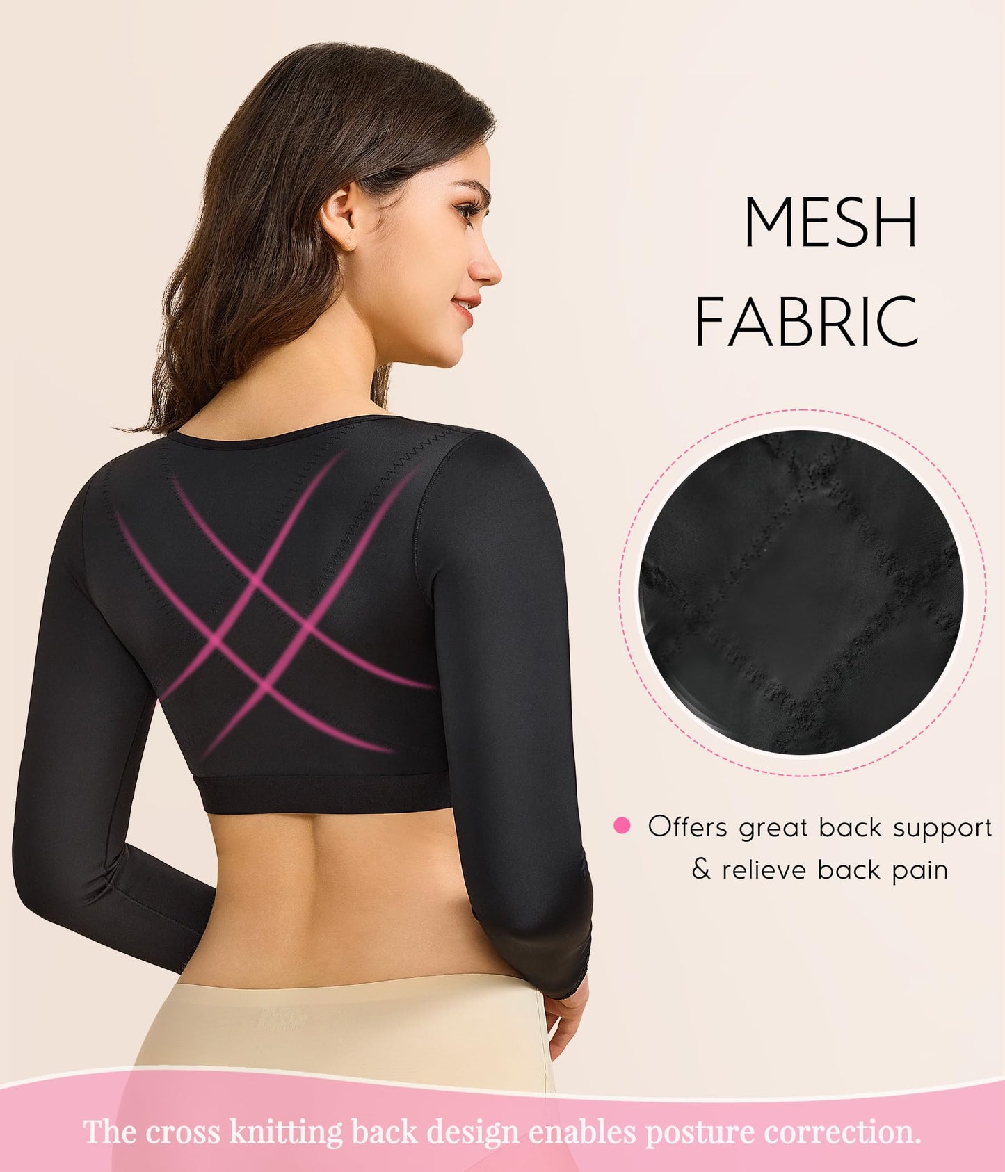 BRABIC Shaper Tops for Women Arm Compression Post Surgery Front Closure Bra Tank Top Shapewear (Black Long Sleeve, Medium)