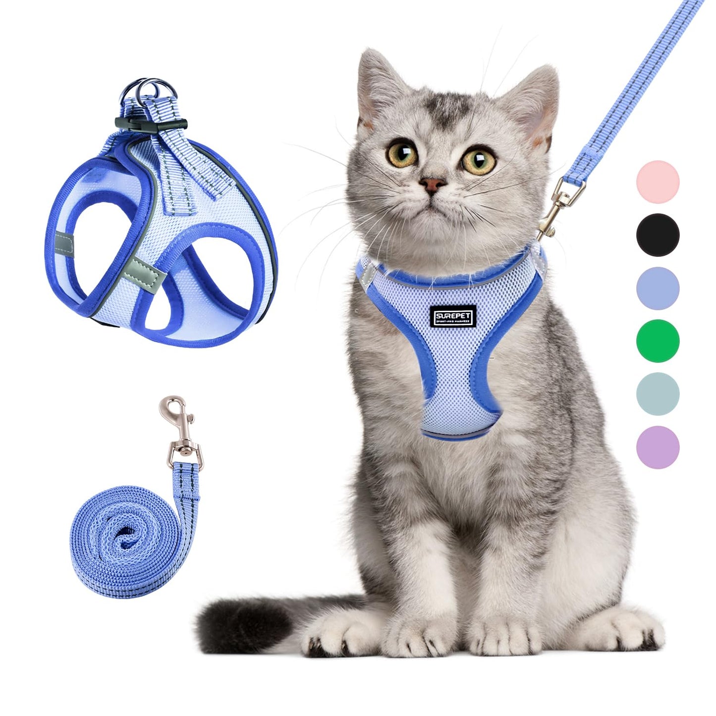 Betmaypet Cat Harness and Leash Set, Soft and Breathable Vest with Reflective Strip, Escape Proof Kitten Harness, Easy to Wear for Cats Walking and Traveling (Blue, M)