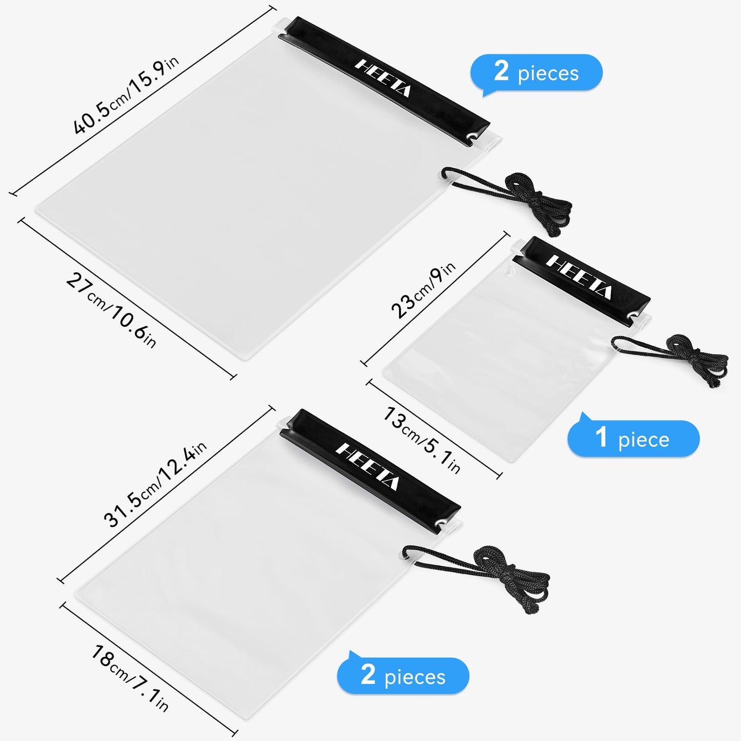 HEETA 5-Pack Clear Waterproof Dry Bag, Water Tight Cases Pouch Dry Bags for Camera Mobile Phone Maps, Kayaking Boating Document Holder (Black)