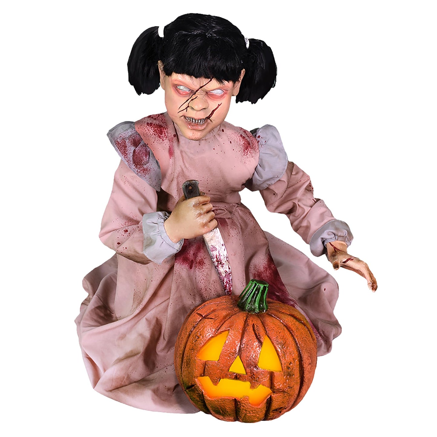Haunted Hill Farm Lunging Pumpkin Carver Zombie Girl by Tekky, Motion-Activated Talking Halloween Animatronic for Indoor or Covered Outdoor Creepy Halloween Decorations, Plug-in or Battery Operated