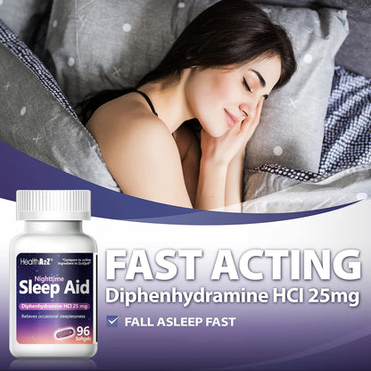 HealthA2Z Sleep Aid, Diphenhydramine HCl 25mg Softgels, Supports Deeper, Restful Sleeping, Non Habit-Forming (96 Softgels)