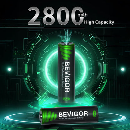 BEVIGOR Rechargeable AA Batteries with Charger, 10 Pack 2800mAh High Capacity Ni-MH Double A Batteries with Smart 8 Bay Smart Battery Charger, USB Fast Charging