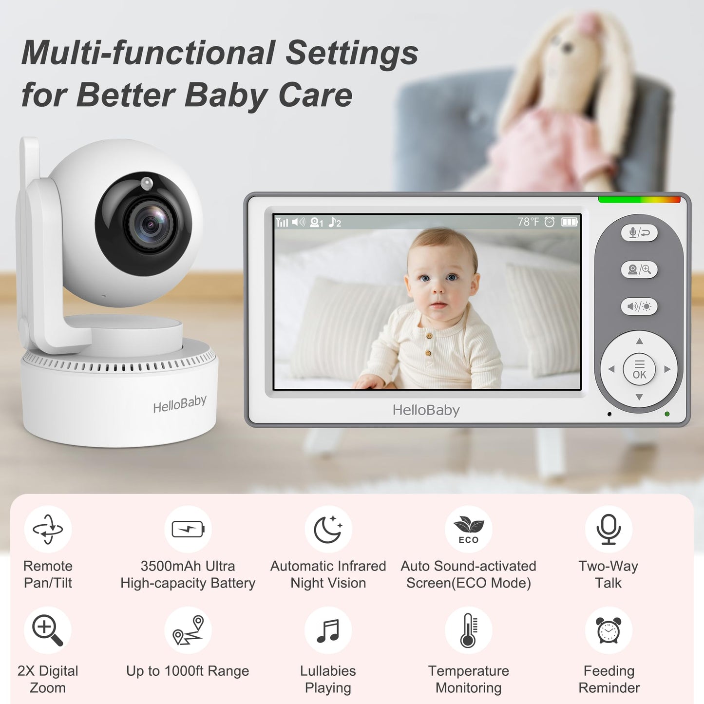 HelloBaby 4.3'' Video Baby Monitor with 30 Hours Battery, Remote Pan-Tilt-Zoom Baby Monitor No WiFi, Baby Monitor with Camera and Audio, Night Vision, ECO Mode, Two-way Talk, 8 Lullabies, 1000ft Range