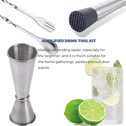 Homestia 3-Pcs Silver Muddler & Mixing Tool Set, 10'' Muddler, 12'' Cocktail Spoon & 1 OZ/2 OZ Double Jigger, Bar Tool Set for Beverages Drinks, Stainless Steel Bar Set Housewarming Gift