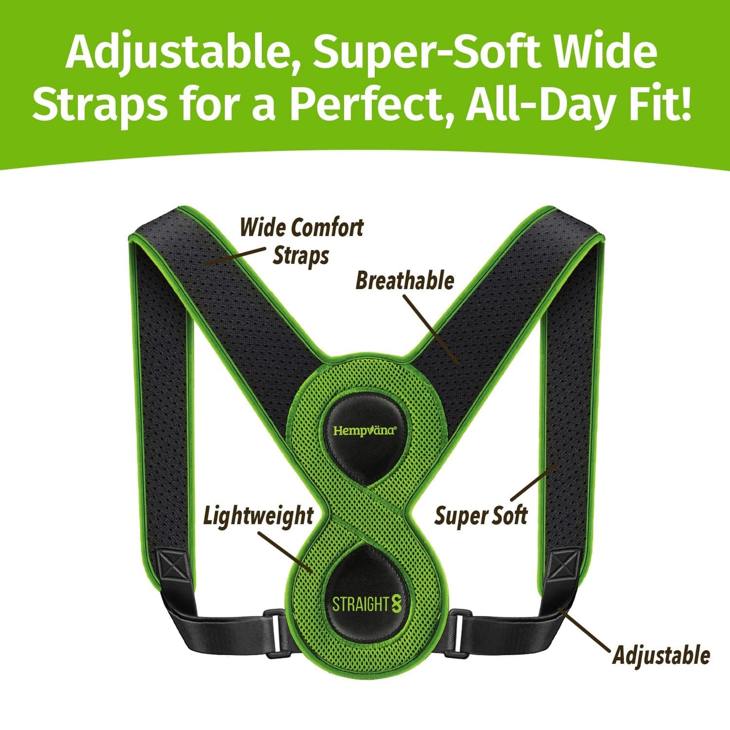 Hempvana Straight 8 Fully Adjustable Lightweight Posture Corrector, AS-SEEN-ON-TV, Helps Relieve Back Strain, Slouching & Text Neck, Moisture-Wicking Hemp Fibers, Eight Points of Support, Unisex