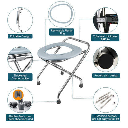 BLIKA Portable Toilet for Camping, 400LBS Stainless Steel Foldable Camp Travel Toilet for Adults, 16-Inch for Truckers, Camping, RV Travel, Road Trips, Outdoor Use