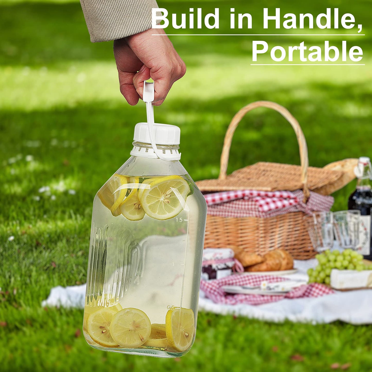 3 Pack 2 Qt Glass Water Bottles with Handle and Airtight Reusable SCREW LID - 64 Oz Juice Jugs, 1/2 Gallon Glass Milk Container for Fridge, Breast Milk Jug Pitcher with Scales, Extra Lids & Handles