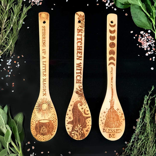 Witchy Decor Yule Laser Engraved Bamboo Wooden Spoon Set– Large Eco-Friendly Kitchen Witch Cottagecore Gift for Witches & Pagan Homes