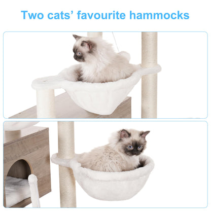 Hey-brother Cat Tree with Litter Box Enclosure, Modern Cat Tower for Indoor Cats with Large Platform, Condo Food Station and 2 Hammocks, All-in-one Cat Furniture, Wood Rustic Gray MPJ115SG