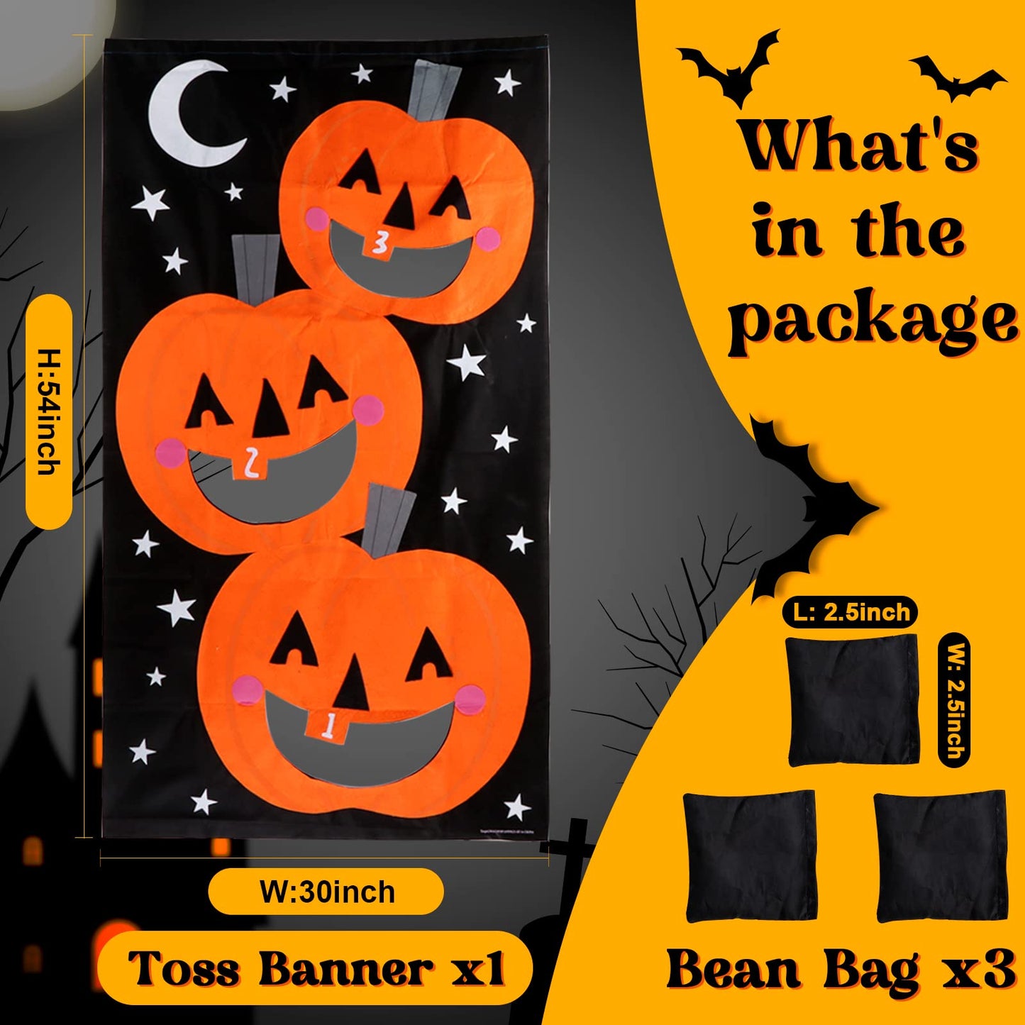 AerWo Halloween Toss Game, Pumpkin Bean Bag Toss Game with 3 Bean Bags, Kids Party Game, Perfect for Halloween Themed Party Supplies