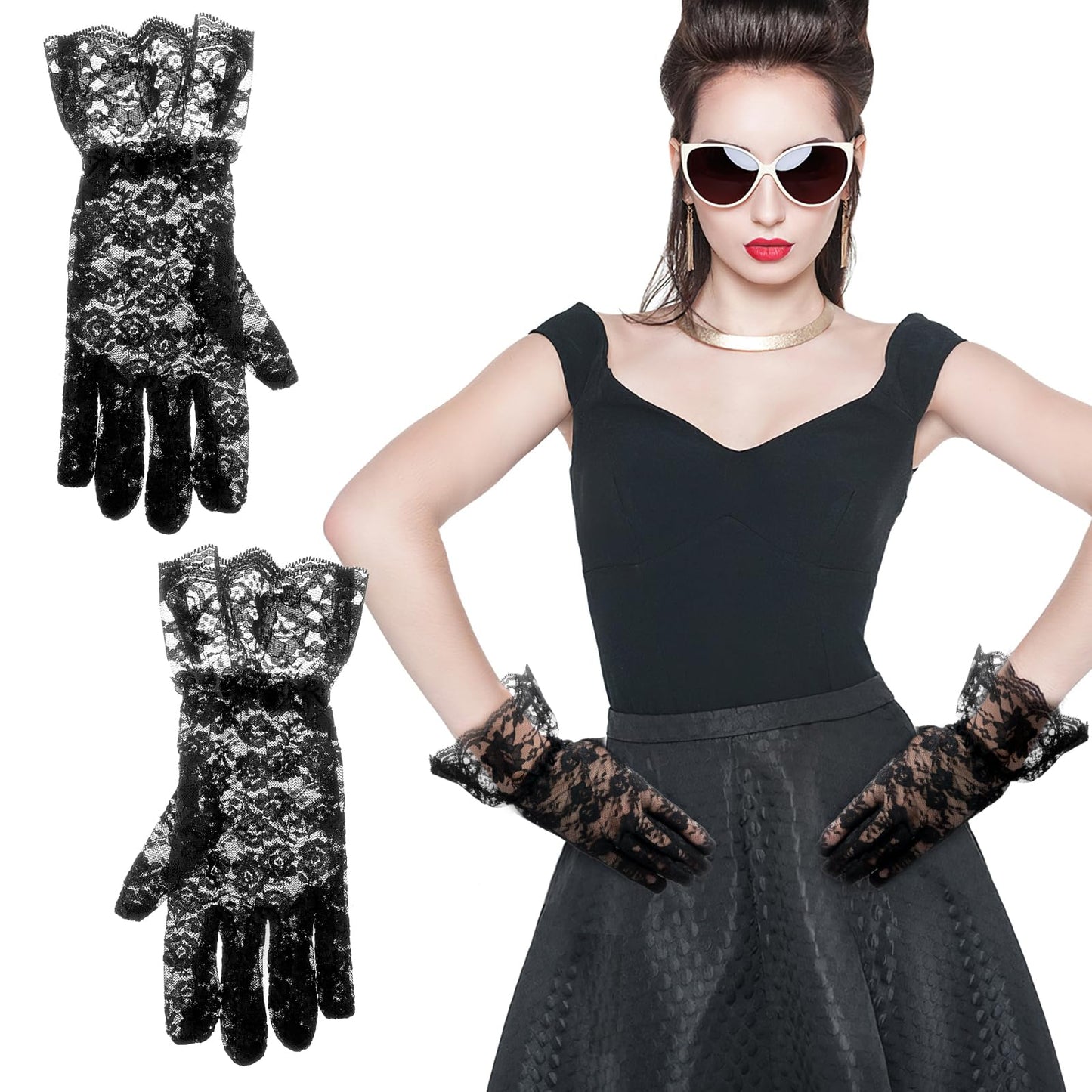 Black Lace Gloves For Women - Elegant Short Lace Gloves For Tea Party, Opera, Wedding & Prom