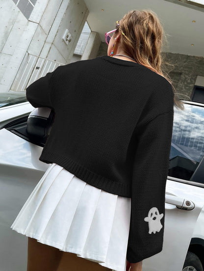 Womens Ghost Cardigan Girl Halloween Outfit Embroidered Print Long Sleeve Open Front Y2K Cropped Knit 90s Aesthetic Cardigan Sweaters