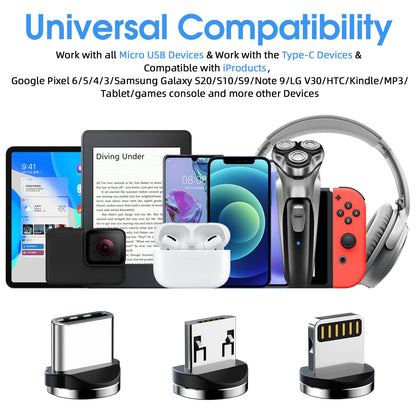 7-Pack 1.6FT/3FT/3FT/3FT/6FT/6FT/10FT 540 Rotating Magnetic Phone Charger 3 in 1 Magnetic Cable Nylon Braided USB Charger Cable for Micro USB/Type C/iProduct Device - Black