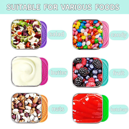 HTEVW 6Pack 6oz Stainless Steel Snack Containers for Kids, Easy Open Leak Proof Metal Toddler Snack Containers with Silicone Lids, Stackable Metal Toddler Lunch Box for Daycare, School and Travel