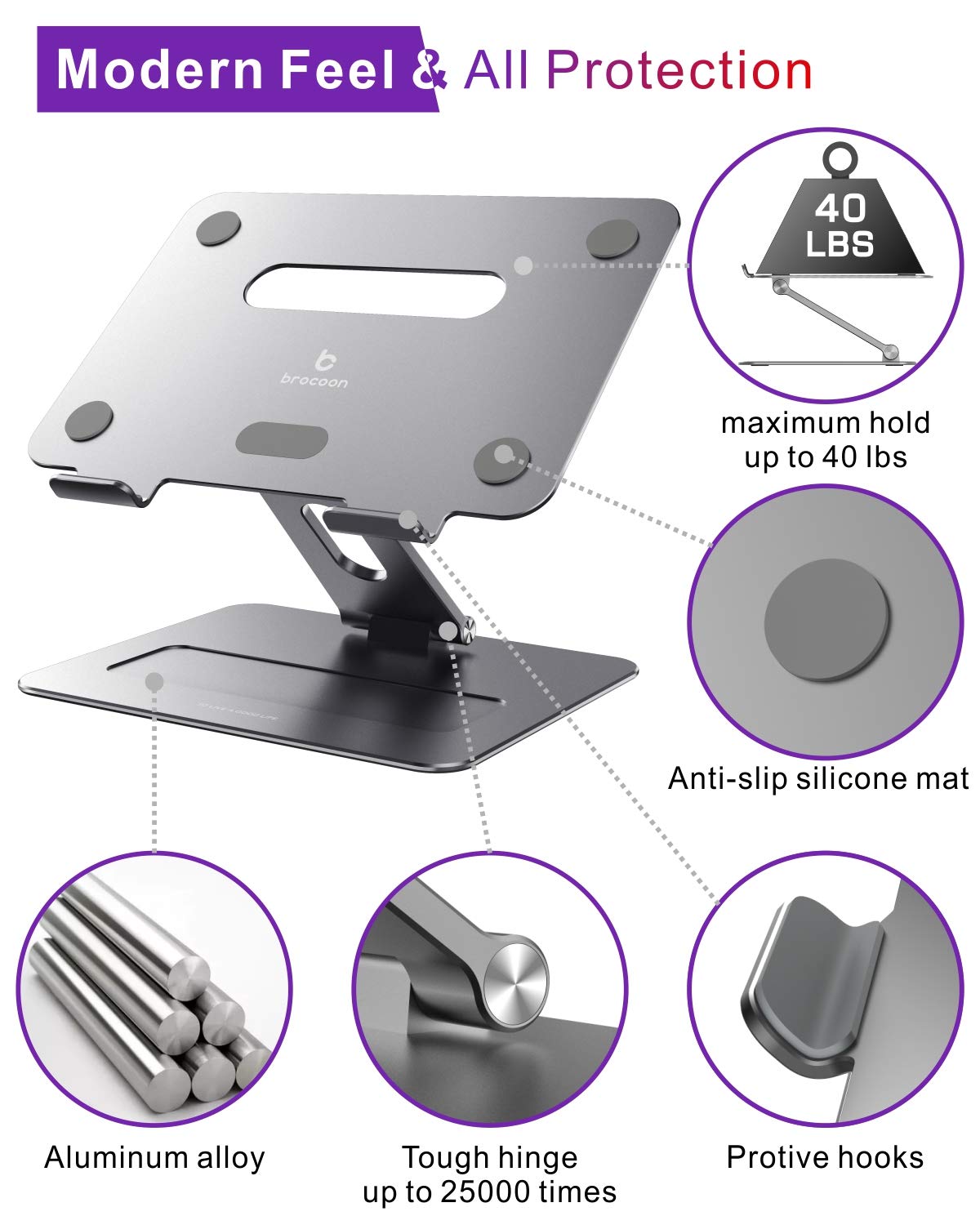 brocoon Adjustable MacBook Stand for Desk, Ergonomic Aluminum Laptop Riser with Heat-Vent, Compatible for 10-17" Laptops