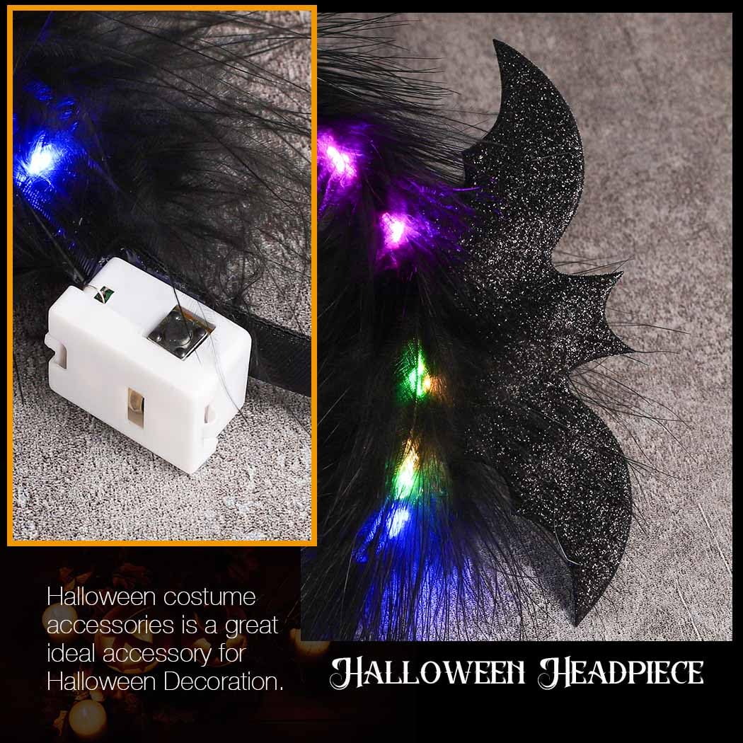 CAKURE Light Up Halloween Headband Led Black Feather Headpiece Glowing Bats Hairbands Nightclub Festivel Party Headwear Rave Hair Accessories