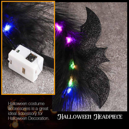 CAKURE Light Up Halloween Headband Led Black Feather Headpiece Glowing Bats Hairbands Nightclub Festivel Party Headwear Rave Hair Accessories
