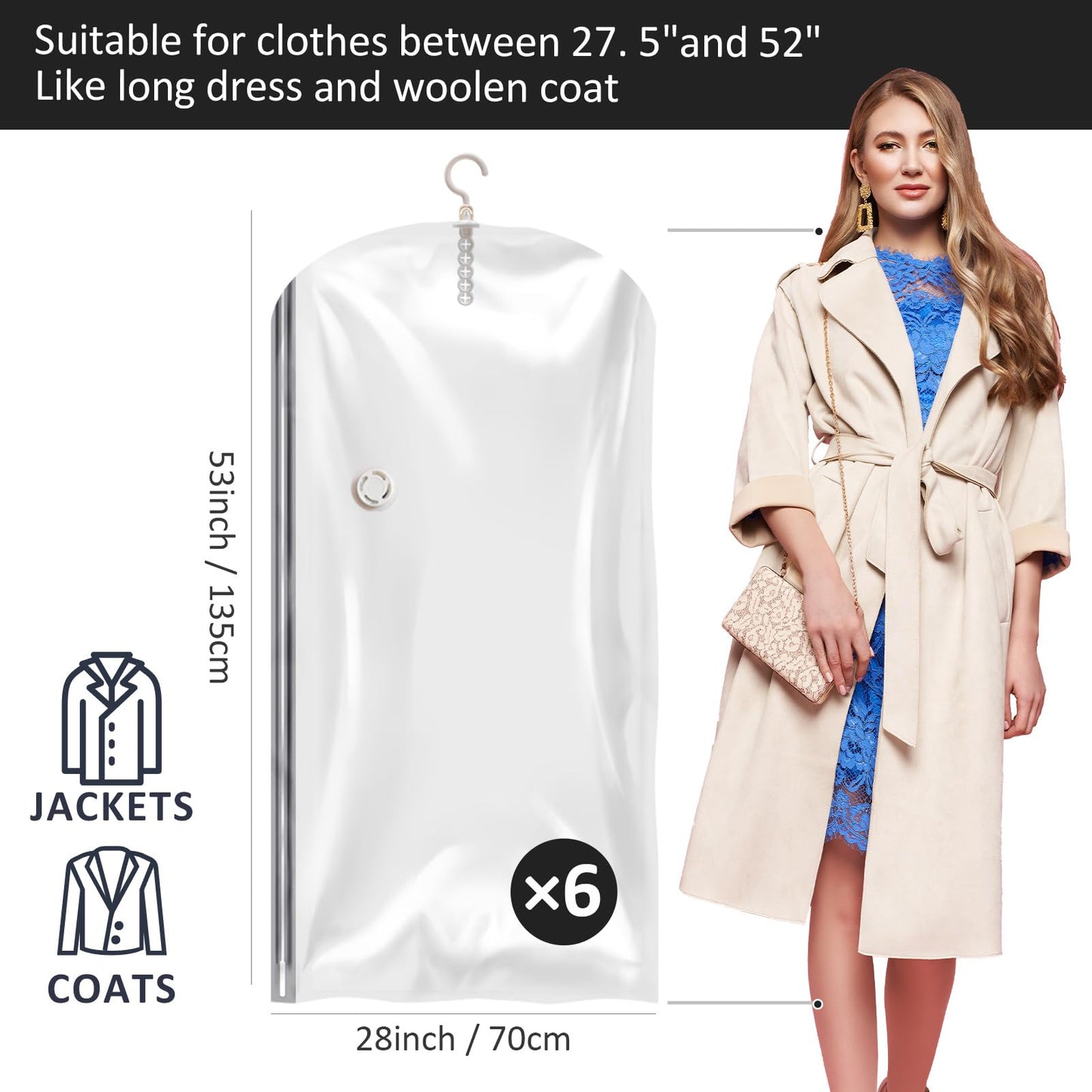 Hanging Vacuum Storage Bags, 6 Pack Large Hanging Vacuum Seal Bags for Clothing, Space Saver for Clothes, Suits, Dress, Jackets, Closet Organizer for Moving Supplies(53.1x27.6 in)