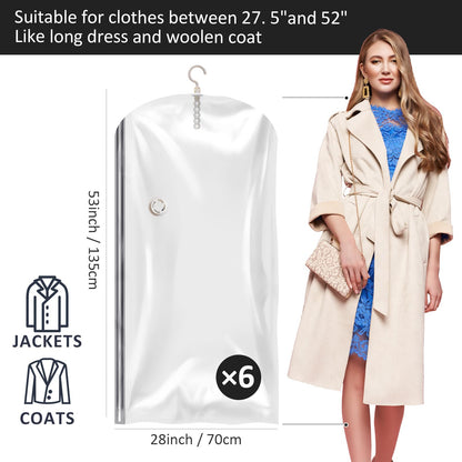 Hanging Vacuum Storage Bags, 6 Pack Large Hanging Vacuum Seal Bags for Clothing, Space Saver for Clothes, Suits, Dress, Jackets, Closet Organizer for Moving Supplies(53.1x27.6 in)