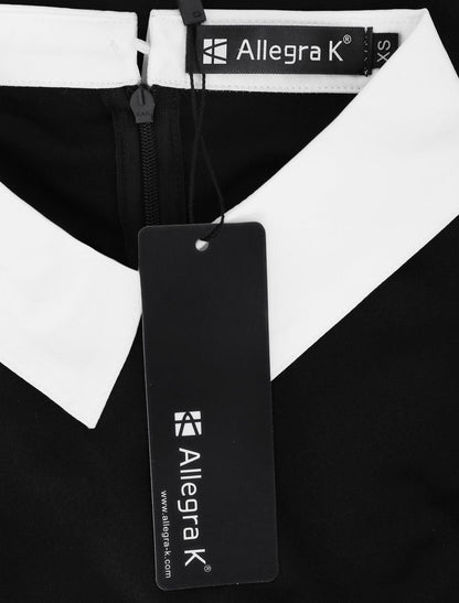 Allegra K Women's Flare Dress Halloween Contrast Peter Pan Collar Short Sleeves Wednesday Addam Dresses Medium Black