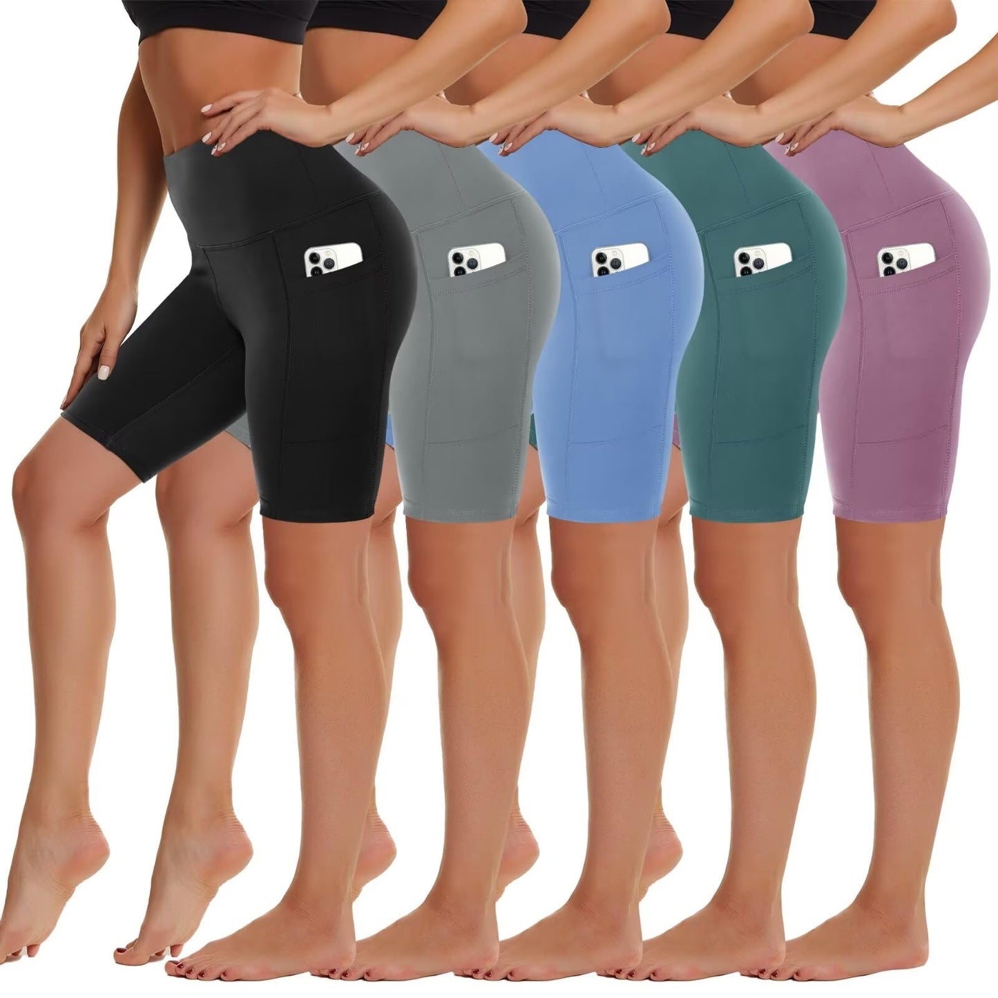 5 Pack Biker Shorts with Pockets for Women - 8" High Waist Spandex Workout Yoga Running Athletic (Black/Light Grey/Blue/Ins Green/Pink-Pockets,ONE)