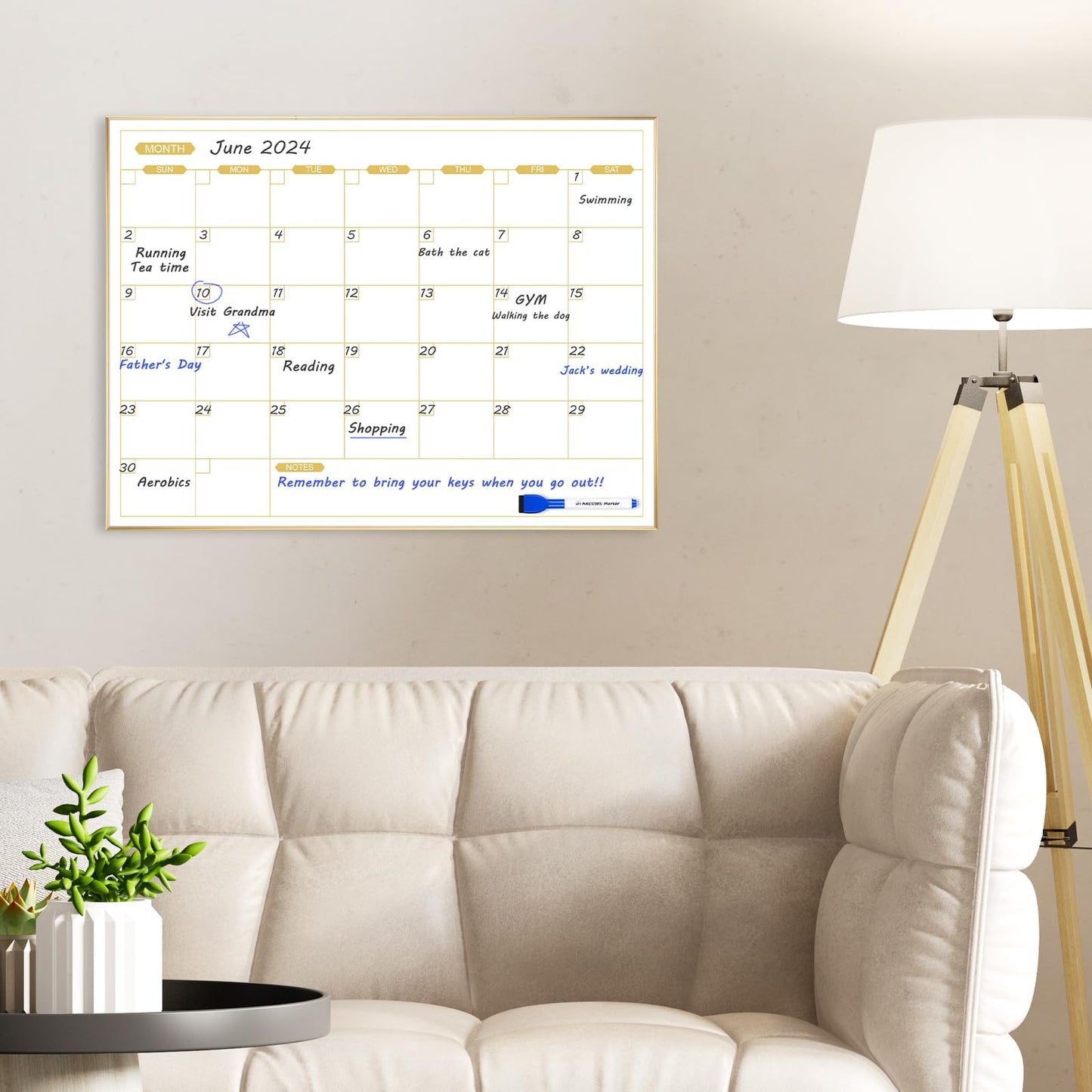 ARCOBIS Monthly Calendar Whiteboard for Wall, 24" x 18" Magnetic Dry Erase Calendar with Gold Frame, Wall Hanging Planner for Home, Office, School