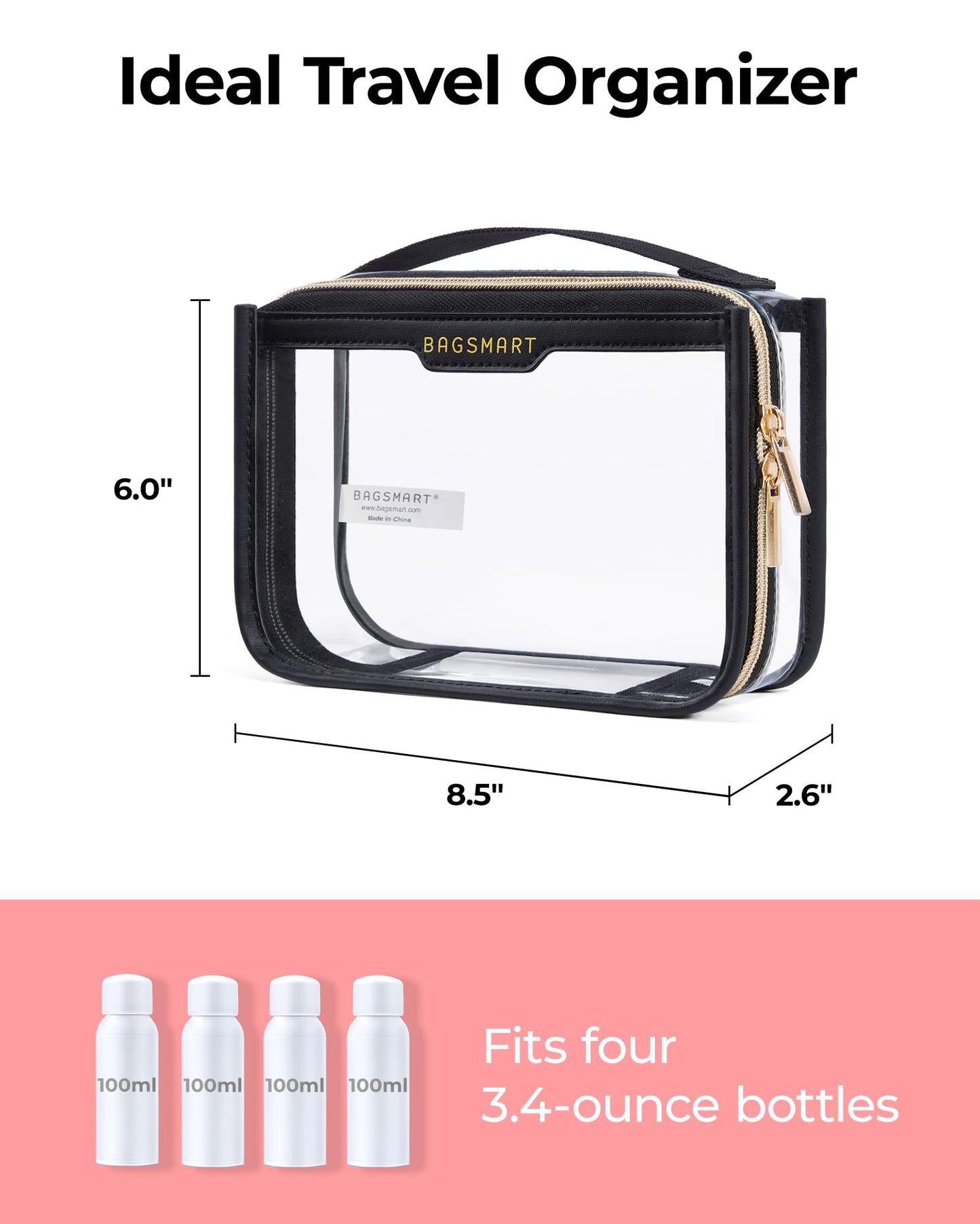 BAGSMART TSA Approved Toiletry Bag, Clear Travel Toiletry Bag, Makeup Cosmetic Pouch Bag for Women Quart Size Compliant Bag Organizer for Travel Essentials (Black Pack of 1,)