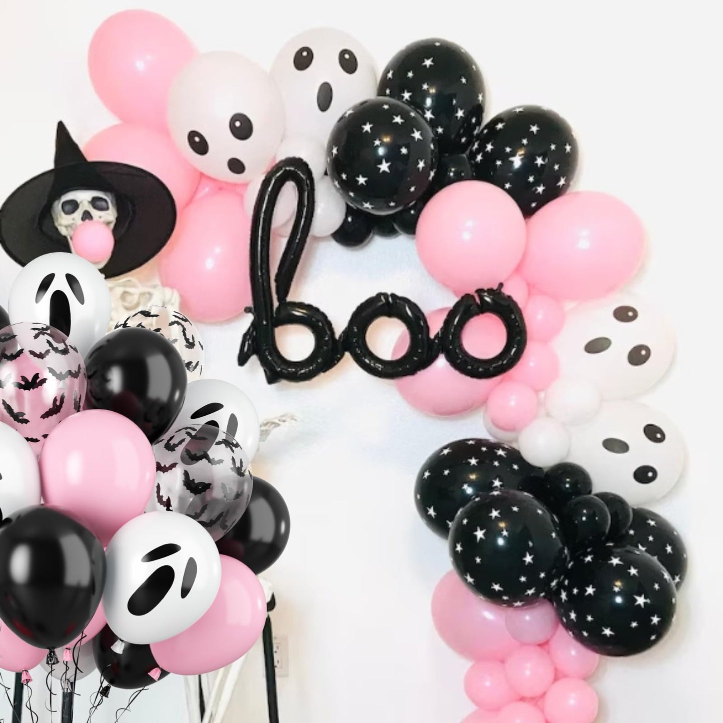 Biapian 60 Pcs Pink Halloween Balloons, 12 Inch Halloween Ghost Balloons Printed Pink and Black Latex Balloons Bat Confetti Balloons for Birthday BOO Happy Halloween Party Decorations Indoor Outdoor