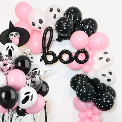 Biapian 60 Pcs Pink Halloween Balloons, 12 Inch Halloween Ghost Balloons Printed Pink and Black Latex Balloons Bat Confetti Balloons for Birthday BOO Happy Halloween Party Decorations Indoor Outdoor