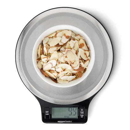 Amazon Basics Digital Kitchen Scale with LCD Display, Batteries Included, Weighs up to 4.9 kgs, Black and Stainless Steel