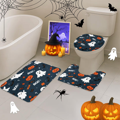 ArtSocket Fun Halloween Cute Ghosts Bathroom Set with Shower Curtain and Rugs Accessories, Pumpkins Halloween Spooky Spooky Shower Curtain for Bathroom Decor 4 Pcs