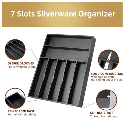 Besilord Silverware Organizer Kitchen Drawer Organizer Utensil Organizer Bamboo Silverware Holder Cutlery Organizer in Drawer Flatware Organizer Tray(7 slots, Black