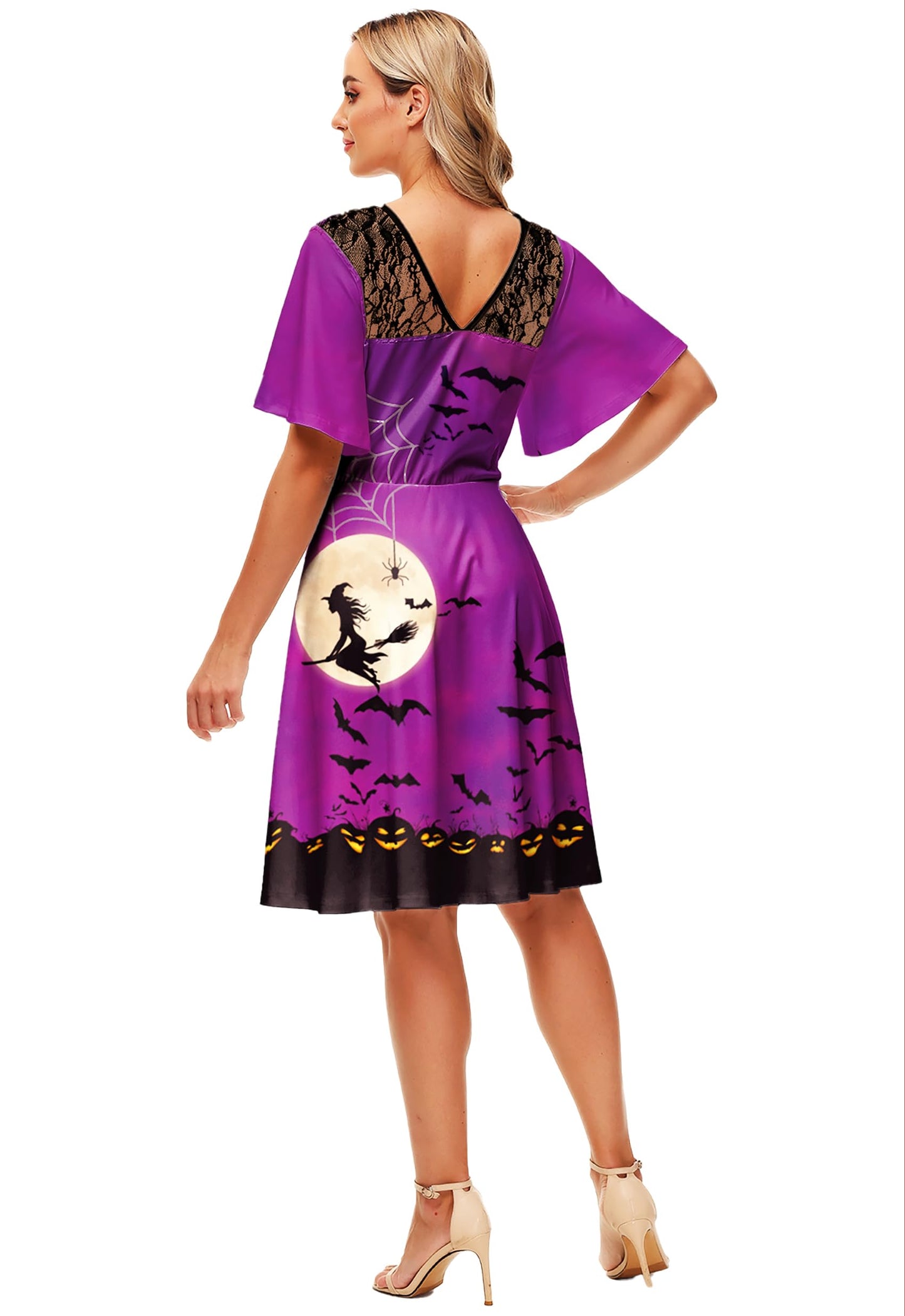 Womens Halloween Flutter Sleeve Dresses Lace Patchwork Vintage Flare Swing A-Line Dress XXL