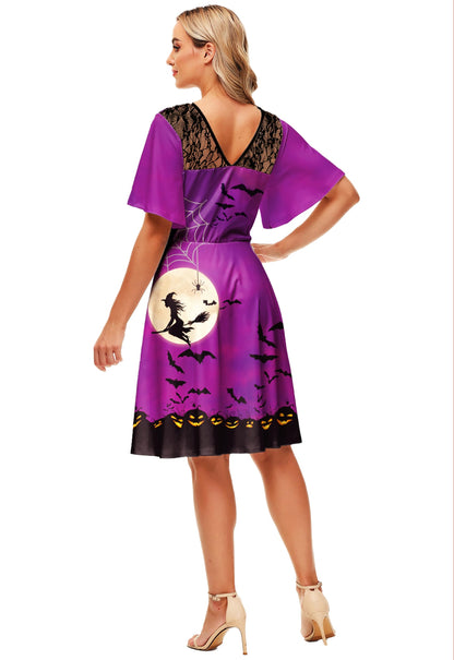 Womens Halloween Flutter Sleeve Dresses Lace Patchwork Vintage Flare Swing A-Line Dress XXL