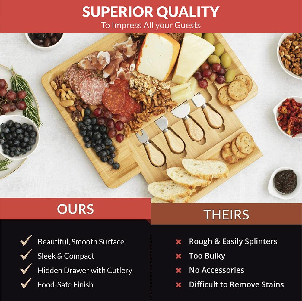 Bamboo Cheese Board and Knife Set - Beautiful Charcuterie Board for Wine, Cheese, and Gifts