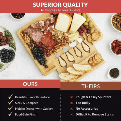 Bamboo Cheese Board and Knife Set - Beautiful Charcuterie Board for Wine, Cheese, and Gifts